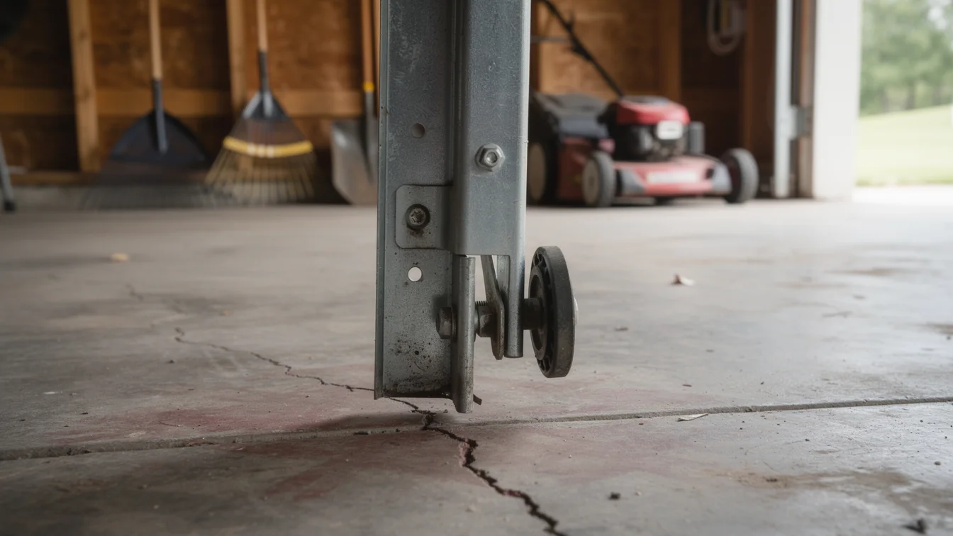 A garage door roller is visible on a metal track above a cracked concrete floor.