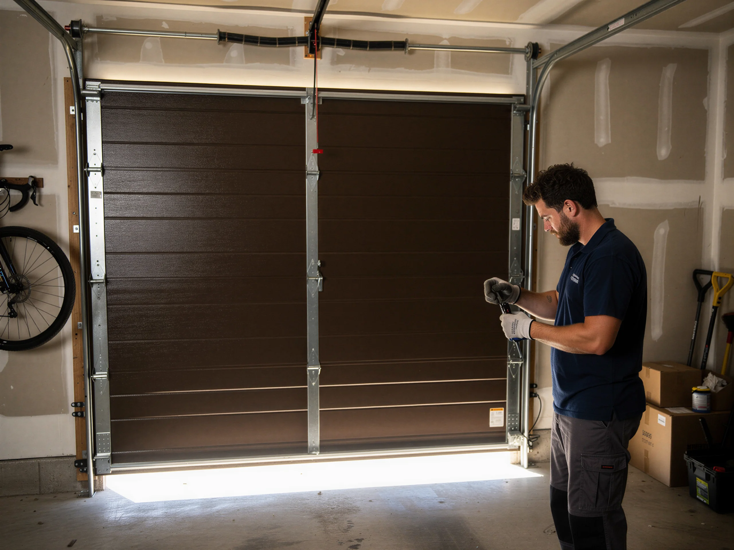 A technician in gloves is working on a brown garage door.