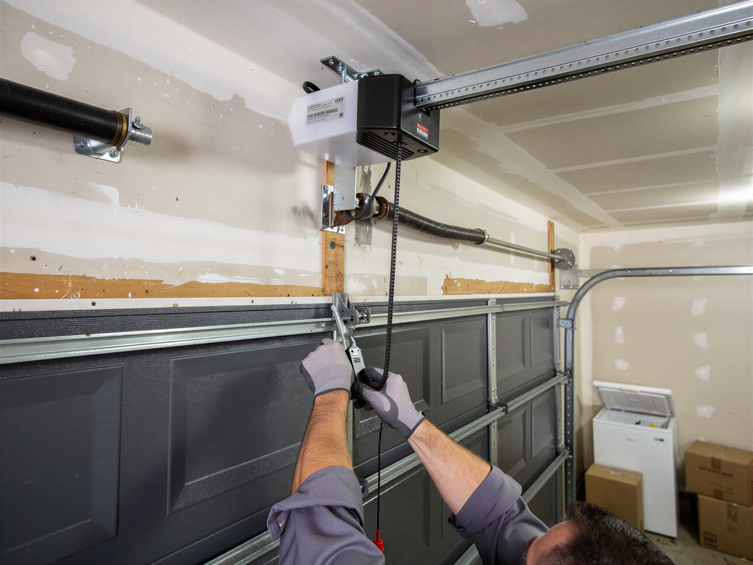 A technician is working on a garage door opener and a dark gray garage door.