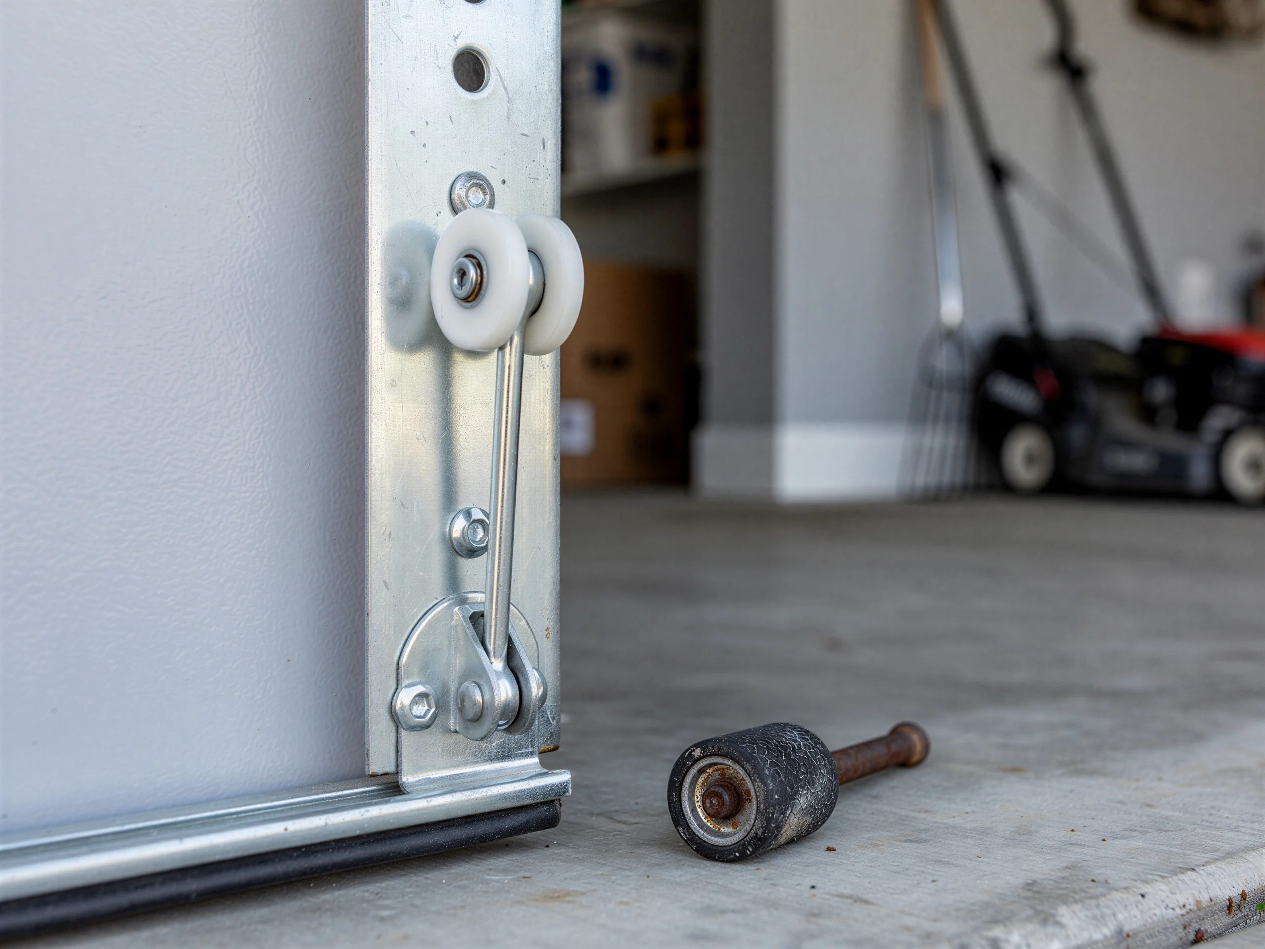 A garage door roller is attached to the door, and a broken roller lies on the floor.