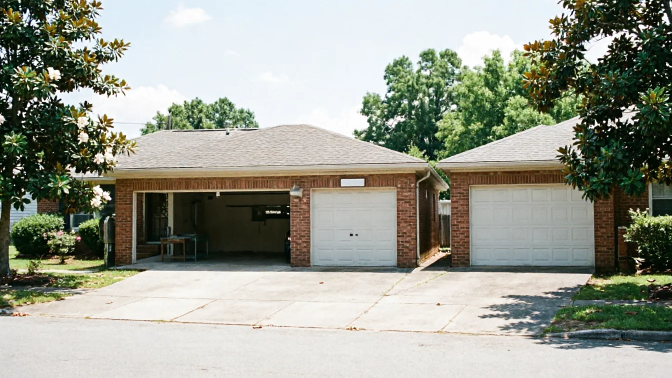 Two brick garages with white doors and concrete driveways are visible.