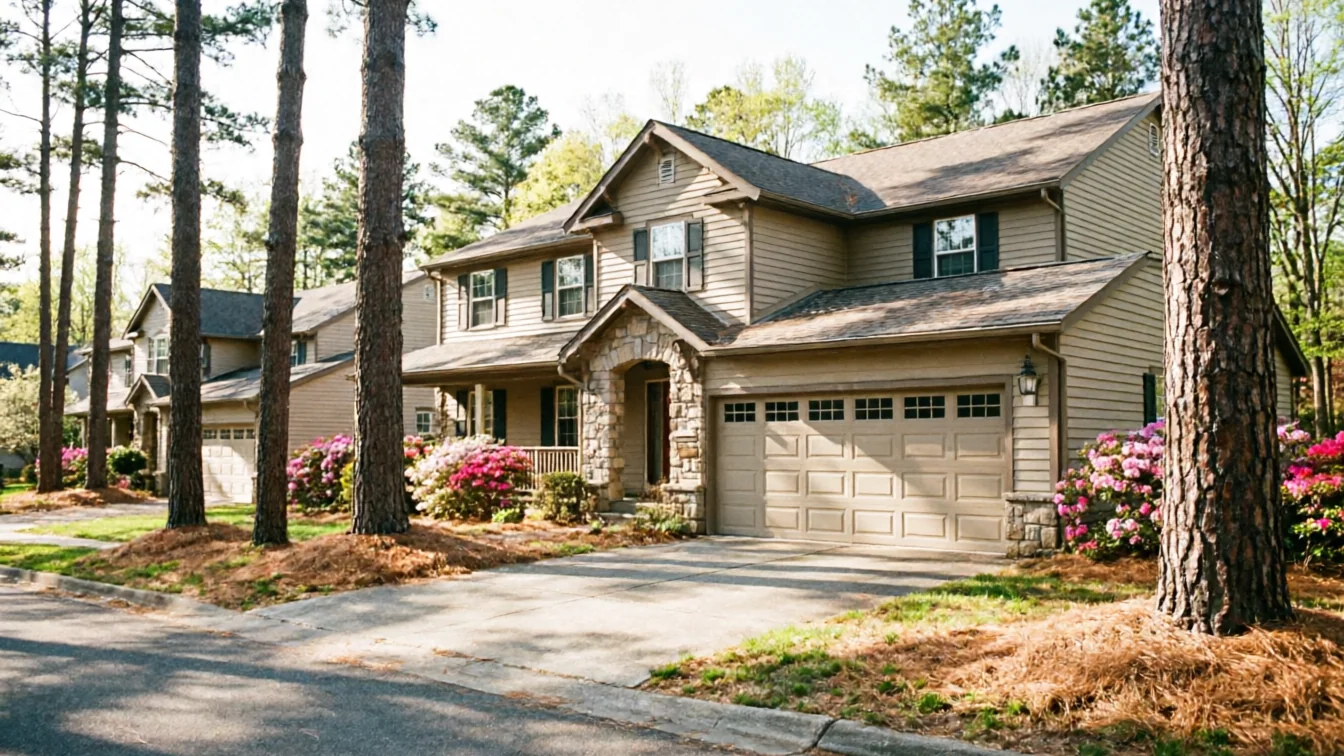 A two-story house with a beige garage door and stone archway.